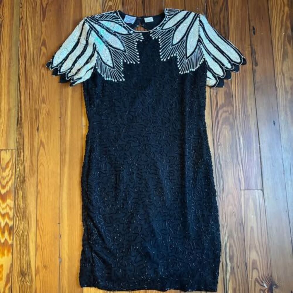 V I N T A G E 80s Stenay hand beaded silk party dress sheath Retro Stenay Trendy